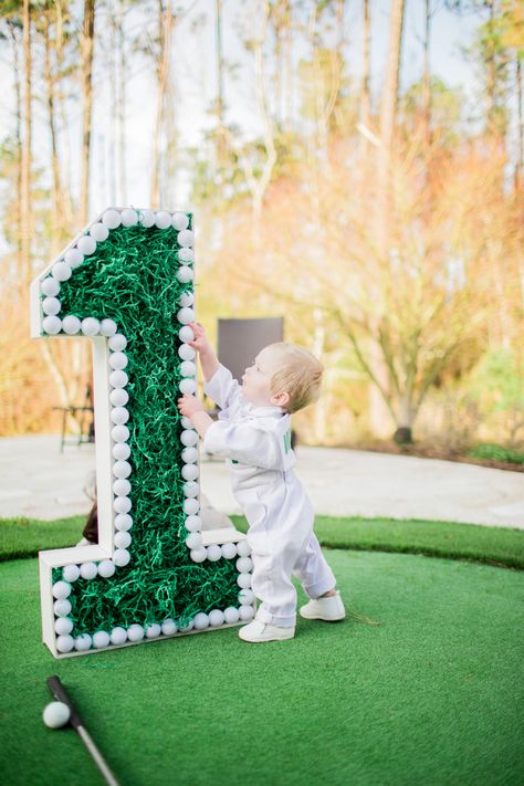 Golf Cake Smash Photography, Golf First Birthday Centerpieces, Hole In One Party Centerpieces, Hole In One Birthday Decorations, Hold On One Birthday, Diy Golf Birthday Decorations, Hole In One Smash Cake Photos, Masters Themed 1st Birthday Party, Masters 1st Birthday