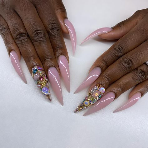 Love a good ol’ Bling Nail 💎👑💅🏽🦋#NailsbyLeticexo #Reels #NailReels #fyp for a #NailsByLetice #atlnails #Longnails #Blingy #trappkits and a… | Instagram Almond Nails Spring Colors, Long Nail Designs Stilettos Bling, 2024 Stiletto Nails, Stilleto Nails With 3d Flowers, Spring Stiletto Nails 2024, 3d Flower Nails Stiletto, Nails With Charms, Encapsulated Nails, Almond Nails Designs