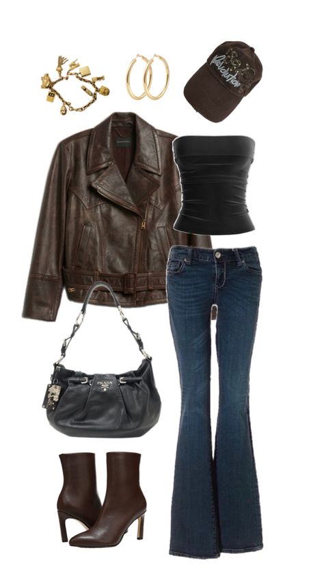 brown leather jacket, black tube top, low waisted jeans, denim jeans, hat, cap, brown hat, gold charm bracelet, y2k, 2000s, dark academic, brown boots, black bag, prada bag Y2k Dark Academia, Fit Aesthetic, Silly Clothes, Dark Academia Outfit, Love Pinterest, Thrifted Outfits, Outfit Inspo Casual, Aesthetic Love, 2000s Fashion Outfits