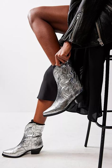 Way Out West Cowboy Boots | Free People Mettalic Cowboy Boots, Cowboy Ankle Boots Dress, Silver Cowboy Boots, Silver Boots, Out West, Chunky Heels Boots, Free People Shoes, Silver Heels, Big Fashion