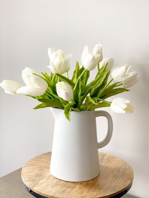 Faux Tulips In Vase, Faux Tulips, Prettiest Flowers, Spring Favorites, Silk Tulips, Pitcher Decor, Tulip Decor, Tulips Arrangement, Woven Mules