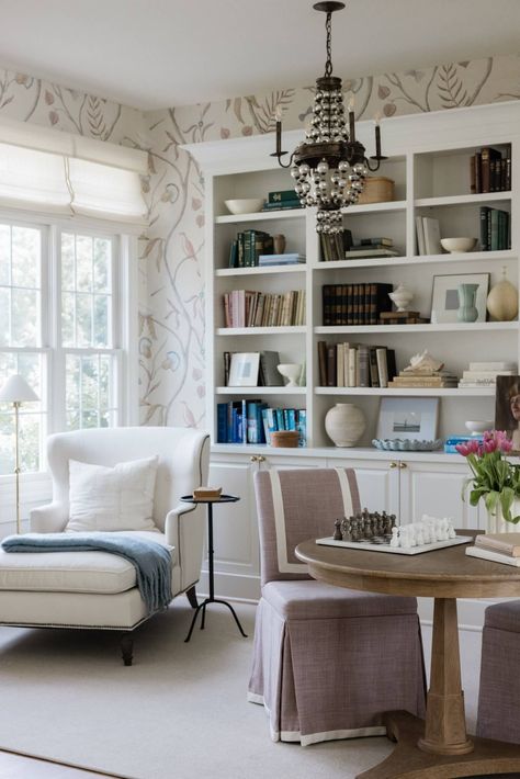 Dive into a design that goes beyond books. See how our home library makeover creates a space for family games, puzzles, and cozy afternoons spent with a good read. Click through to read our post on designing this dreamy home library for our clients and to learn our best tips for creating your own home library retreat. Repurpose Dining Room Space, Dining Room To Library, Dining Room Turned Library, Dining Room Library Combo, Converted Dining Room, Library Sitting Room, Dining Room Conversion, Unused Dining Room, Repurpose Dining Room