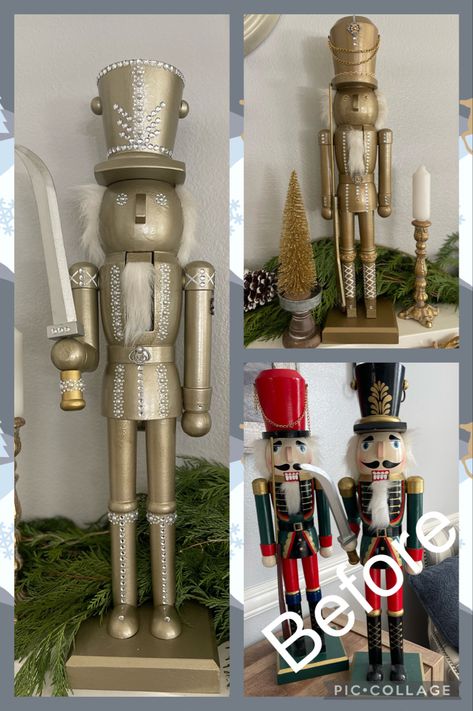 I used rust-oleum hammered in gold to spray them and added dollar tree embellishments. Love the results. Dollar Tree Nutcracker, Nutcracker Makeover, Rust Oleum, Dollar Tree Diy, Nutcracker, Dollar Tree, Embellishments, Rust, Spray