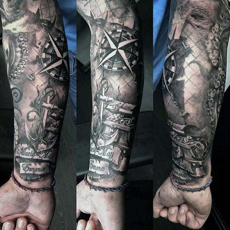 Forearm Sleeve Male Shaded Nautical Themed Tattoo Designs Nautical Themed Tattoos, Anchor Compass Tattoo, Nautical Sleeve, Nautical Tattoo Sleeve, Pirate Tattoo, Tattoo Themes, Forearm Sleeve, Forearm Sleeve Tattoos, Nautical Tattoo