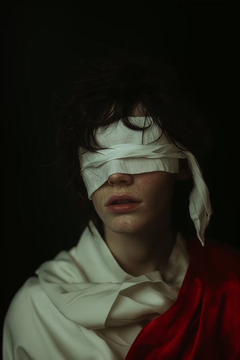 Vave BG - A photo of an androgynous person with pale skin and white bandages wrapped around their eyes, in the style of XVI Aesthetics magazine. The image showcases elements of art photography, in the style of editorial photography, inspired by a belief in the divine., shaggy black hair wearing white bandages over their eyes have very pale skin and red freckles Bandages Over Eyes, Shaggy Black Hair, Eye Bandage, Freckles Aesthetic, Very Pale Skin, Podcast Photoshoot, Androgynous Aesthetic, Red Freckles, Sebastian Sallow