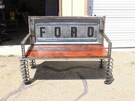 For the FORD Truck lover http://recycledsalvage.wordpress.com/2014/11/26/old-ford-truck-custom-made-tailgate-benches-by-recycled-salvage-design/ Chevy Tailgate Bench, Truck Tailgate Bench, Rustic Wood Bench, Old Ford Truck, Tailgate Bench, Car Parts Decor, Diy Bench Outdoor, Car Part Furniture, Automotive Furniture