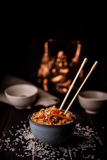 Bowl of asian food with rice and chopsti... | Free Photo #Freepik #freephoto #asian-cuisine #asian-food #traditional-food #oriental-food Rice Bowl Photography, Rice Food Photography, Korean Food Photography, Food With Rice, Sushi Photography, Bowl Photography, Japanese Food Photography, American Chinese Food, Asian Food Photography