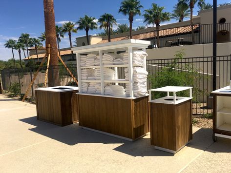 Pool towel and waste bins for pool deck at Princess Hotel Scottsdale Arizona. Rooftop Swimming Pool Home, Pool On Terrace, Hotel Pool Design, Beach Kiosk, Luxury Pool Designs, Pool Towel Storage, Swimming Pool Home, Rooftop Swimming Pool, Towel Rack Pool