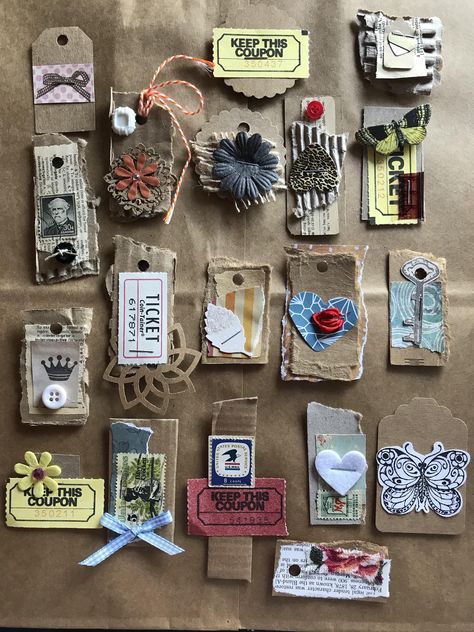 https://flic.kr/p/25wViBr | Junk Journal Mini Embellishment Tags 1 | Handmade mini tags for junk journal pages... Made from scrap papers, cardboards, ribbons/laces and more!! Junk Journal Paper Clusters, Clusters For Junk Journals, Vintage Journals, Scrapbook Embellishments Diy, Journal Embellishments, Embellishment Diy, Card Embellishments, Glue Book, Candy Cards