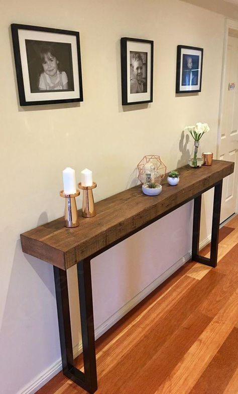 Industrial Hall Table, Furniture Design Unique, Rustic Entryway Table, Wood Furniture Living Room, Diy Console Table, Console Table Design, Hal Decor, Metal Furniture Design, Home Entrance Decor