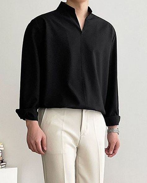 Stand Up Collar Shirt, Kpop Fashion Men, Black Outfit Men, Smart Casual Menswear, Mens Casual Outfits Summer, Men Fashion Casual Shirts, Mens Casual Dress Outfits, Men Stylish Dress, Guys Clothing Styles