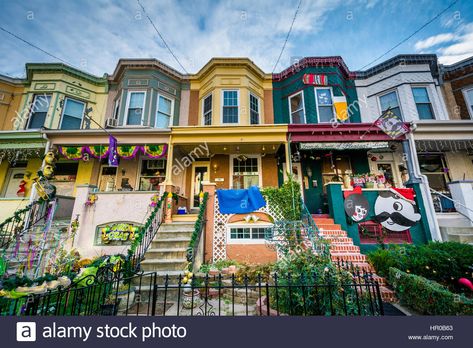 Download this stock image: Row houses on 34th Street, in Hampden, Baltimore, Maryland. - HR0B63 from Alamy's library of millions of high resolution stock photos, illustrations and vectors. Baltimore Murals, Baltimore Architecture, Hampden Baltimore, Baltimore Art, Starfish Art, Row Houses, Baltimore City, Row House, Baltimore Maryland