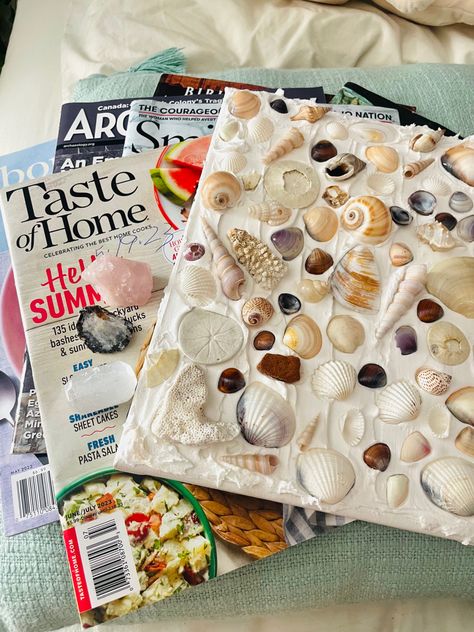 Summer is here. Time to lay out by the beach reading magazines, collecting shells and crystals! Seashell Art Spackle, Canvas With Shells Wall Art, Seashell Crafts Canvas, Seashell Art On Canvas, Shell Spackle Art, Canvas With Shells, Seashell Art Canvas, Seashell Canvas Art Diy, Shells On Canvas Diy