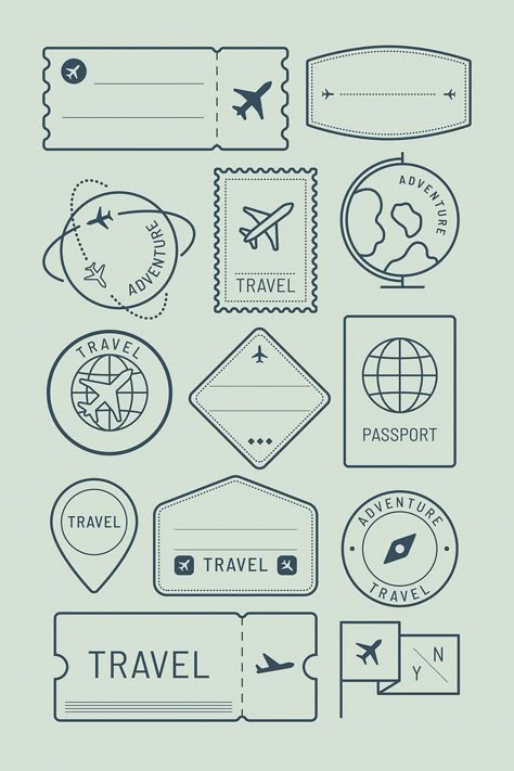 Travel Diaries Drawing, Travel Scrapbooking Pages, Stamp Designs Ideas, Travel Scrapbook Printables, Cute Travel Drawings, Scrapbook Stickers Printable Travel, Travelling Drawing Ideas, How To Make A Travel Journal, Travel Journal Page Ideas