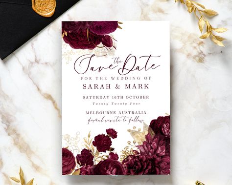 Burgundy Invitations Wedding, Maroon Invitation, Maroon Theme, Burgundy Gold Wedding, Burgundy Invitations, Gold Save The Dates, Burgundy Roses, Invitations Ideas, Date Invitation