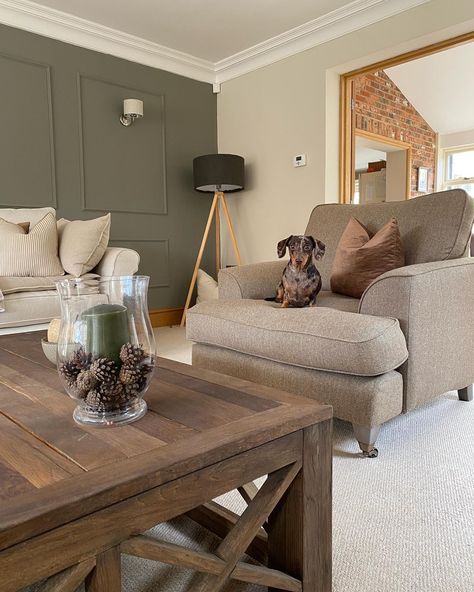 Reading spot 📚 ( #📷 @jasminecottageinthecountry ) Green And Cream Sitting Room, Green And Cream Lounge, Taupe And White Living Room, Oatmeal Sofa Living Rooms, New Build House Decor Living Room Uk, Olive And Cream Living Room, Mink Living Rooms, Cream Sitting Room, Taupe And Green Living Room