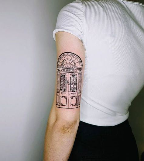 The Doors Inspired Tattoos, Dublin Tattoo Ideas, Front Door Tattoo, Architecture Tattoo Design, Georgian Tattoo Ideas, Georgian Tattoo, Open Door Tattoo, The Doors Tattoo, Architectural Tattoo