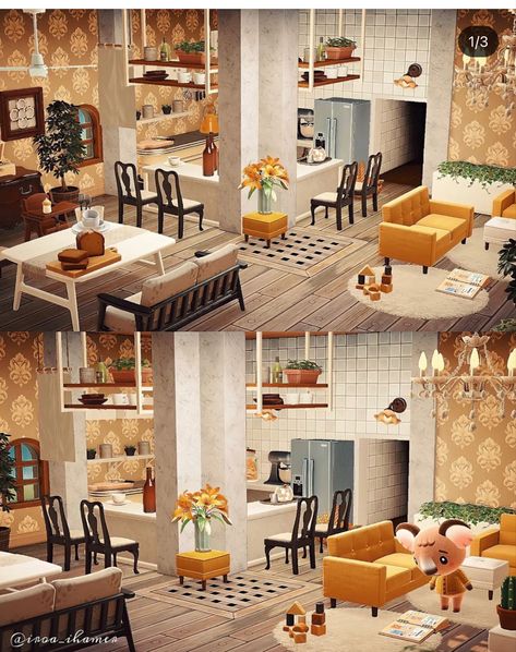 Acnh Living Room Kitchen Design, Animal Crossing Happy Home Paradise Island Ideas, Acnh Hhp Melba, Acnh Interior Designs Living Room, Animal Crossing House Ideas Interior, Acnh Living Rooms Ideas, Villager House, Apartment With Balcony, Animal Crossing House