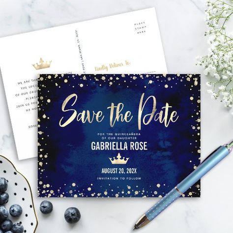 $2.05 | Quincea�era Save the Date Navy Gold Glitter Crown #quinceanera, save the date, navy royal blue watercolor, gold foil glitter, 15th birthday, princess tiara crown, handwritten calligraphy script, modern stylish chic elegant girly, mis quince anos, mexican spanish latina Quinceanera Save The Date, Crown Quinceanera, Mexican Spanish, Glitter Crown, Handwritten Calligraphy, Birthday Princess, Princess Tiara, Tiara Crown, Calligraphy Script