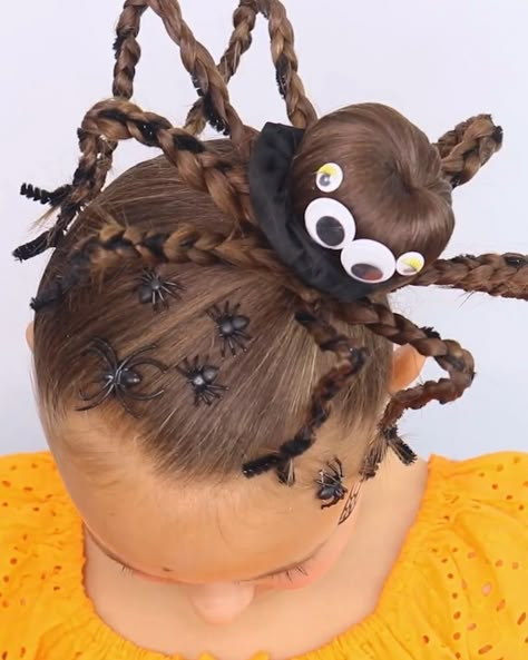 Halloween Hair Updos, Spider Crazy Hair Day, Halloween Hair Ideas For Kids, Crazy Halloween Hair, Kids Crazy Hair Day Ideas, Halloween Hair Kids, Halloween Crazy Hair Day Ideas, Spider Hairstyle, Halloween Hairstyles For Kids