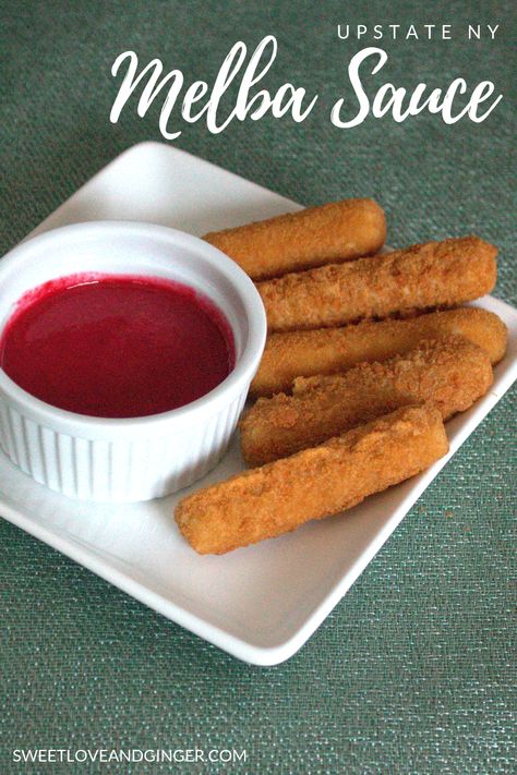 This is a recipe for Melba Sauce and Mozzarella Sticks, a typical upstate NY combination that combines sweet and salty in an amazing way. Melba Sauce Recipe, Melba Sauce, Veggie Egg Rolls, Garlic Scape Pesto, Raspberry Sauce, Duck Sauce, Mozzarella Sticks, Empanadas Recipe, Strawberry Sauce