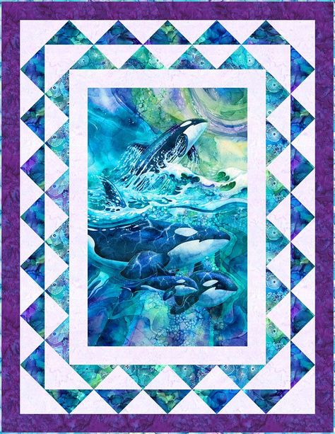 Escape into the bliss of a breaching orca pod with this enchanting aquatic free quilt pattern! Queen Size Quilt Pattern, Diy Dollhouse Books, Orca Pod, Wildlife Quilts, Turtle Quilt, Whale Song, Panel Ideas, Panel Quilt Patterns, Sea Quilt