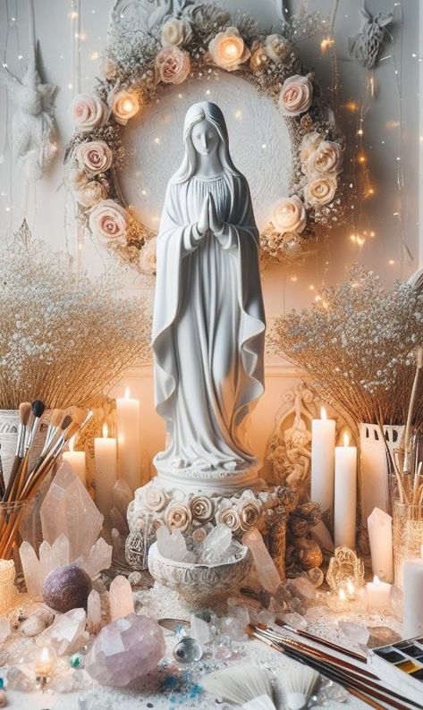 Marian Altar, Shaman Altar, Candle Therapy, Airy Aesthetic, Crystal Room, Meditation Altar, Religious Pictures, Crystal Aesthetic, Sacred Feminine