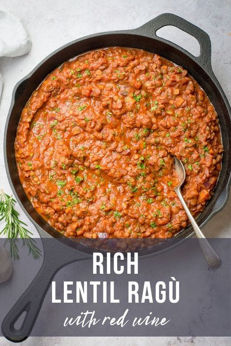 This rich lentil ragù is cooked with red wine, herbs and mushrooms until thick and glossy. Perfect with pasta, and ideal for freezing. Red Wine Recipes Cooking, Plant Based Protein Recipes, Cooking With Red Wine, Vegan Freezer Meals, Lentil Ragu, Vegan Moussaka, Red Lentil Recipes, Vegan Mediterranean, Red Wine Recipe