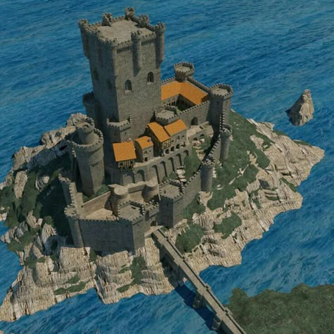 Castle On Island, Medieval Castle Layout, 3d Island, Island Castle, Castle Layout, Castle Island, Castle Model, Minecraft Kingdom, Minecraft Interior Design