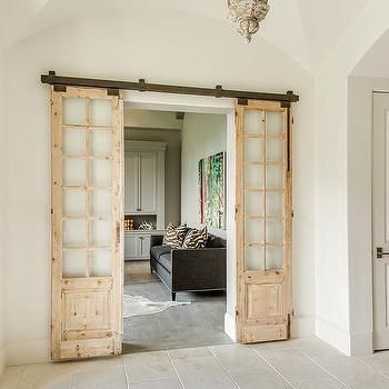 Distressed Chest - Cottage - entrance/foyer - Nightingale Design Antique French Doors, Interior Exterior Doors, Lake Houses, Diy Barn, Pantry Doors, Glass French Doors, Folding Door, Garage Conversion, Entrance Foyer