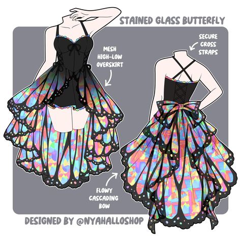 more butterfly dresses! 🦋 the black stained glass version can be found on my website in the fall 2024 early access collection (link in bio) which dress here is your fave? i am in love with the stained glass version 🥹 #natureinspiredfashion #wildlifefashion #insectinspired #butterflyfashion #butterflydress #butterflyprints #butterflyinspired #butterflyvibes #butterflylove #whimsicalfashion Outfit Fantasy Design, Dress Design Drawing, Stained Glass Butterfly, Clothing Design Sketches, Fashion Drawing Dresses, Drawing Anime Clothes, Dress Design Sketches, Glass Butterfly, Creation Couture