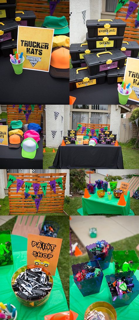 Monster Jam Birthday Games, Monster Truck Party Goodie Bags, Monster Jam Birthday Party Activities, Monster Jam Birthday Activities, Monster Truck Birthday Parties, Modern Monster Truck Birthday Party, Monster Truck Treat Table, Monster Jam Party Games, Monster Jam Birthday Party Favors