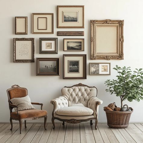 DIY Vintage Picture Frame Gallery Wall Vintage Framed Photos, Wall Gallery With Mirror, Ornate Frames Gallery Wall, Gallery Wall Bedroom Master Family Photos, Antique Frame Wall, Photo Frame Arrangement On Wall, Gallery Wall Large Frames, Gallery Wall Gold Frames, Wood Frame Gallery Wall