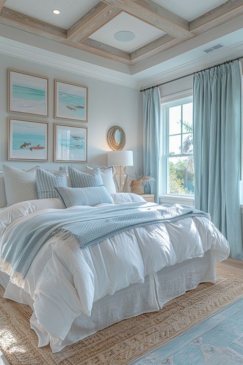 Coastal Bedroom Blue And White, Beach House Interior Design Bedroom, White And Blue Aesthetic Room, Blue House Aesthetic Interior, Summer Bedroom Decor Ideas, Preppy Coastal Aesthetic, Coastal Room Ideas Bedroom, Light Blue And White Bedding, Trending Room Ideas