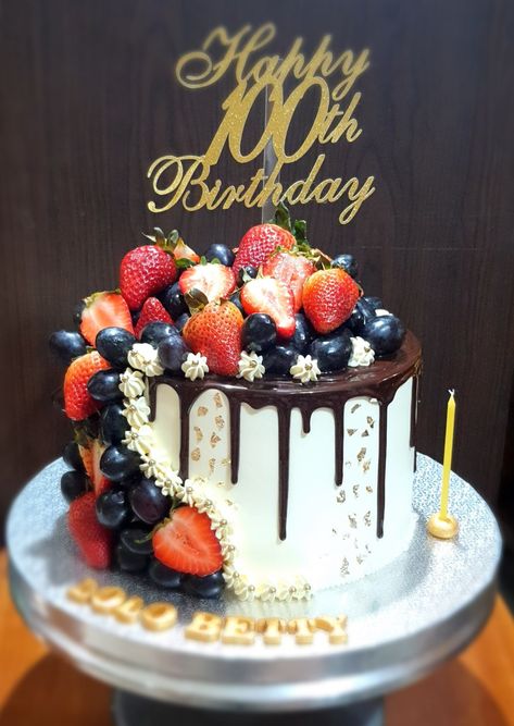 100th Birthday Cake, Happy 100th Birthday, Fruit Toppings, 100th Birthday, Fresh Fruits, Celebration Cakes, Fresh Fruit, Chocolate Cake, Birthday Cake