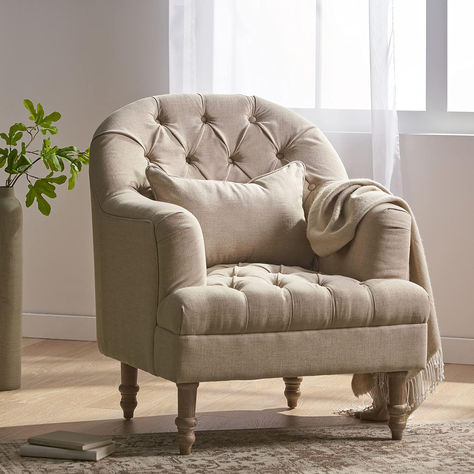 Anastasia Tufted Chair, Beige, 32.25D x 32.25W x 36H in Living Room Comfy, Room Comfy, Decoration Ideas Living Room, Tufted Armchair, Country French Decor, Tufted Accent Chair, Bathroom Storage Ideas, Dream Library, Tufted Arm Chair