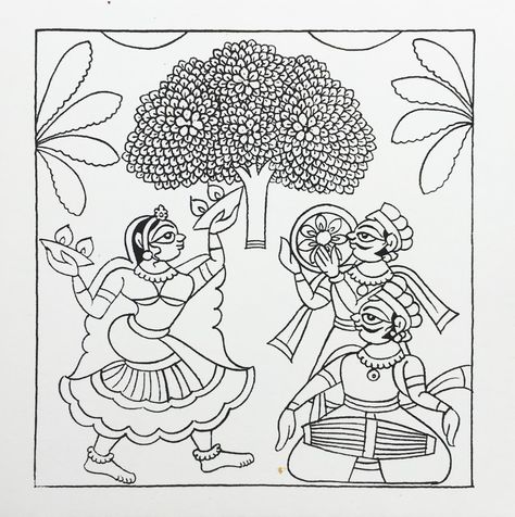 Indian folk art, line art , phad painting, drawing, colouring book, fine art . . To buy please contact us on instagram @thephadart Phad Art Paintings, Cheriyal Art, Art To Buy, Phad Painting, Drawing Colouring, Silk Painting Techniques, Round Painting, Indian Contemporary Art, Sketch Pen