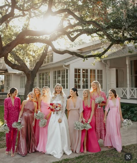 Hot Pink Boots Wedding, Shades Of Pink Wedding Bridesmaid Dress, Pink Color Palette Bridesmaid Dresses, Assorted Pink Bridesmaid Dresses, Bold Pink Bridesmaid Dresses, Mid Matched Bridesmaids, Pink Wedding Party Dresses, Pick Your Own Bridesmaid Dress, Magenta Bridesmaid Dresses Mismatched