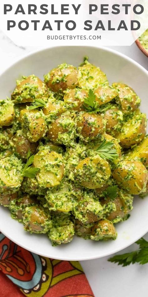 Parsley Recipes Vegan, Pesto And Potatoes, Pesto Parsley Recipe, Salads With Parsley, Vegan Parsley Recipes, Things To Do With Parsley, Pesto Potato Salad Recipe, Pesto Chicken And Potatoes, Potato Pesto Salad