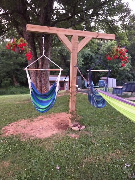 Hammock Shed, 6x6 Post Ideas Projects, Hammock Posts Diy, Backyard Hammock Ideas No Tree, Hammock Ideas Backyard, Hammock Chair Stand Diy, Hammock Posts, Diy Hammock Stand, Hammock Cover