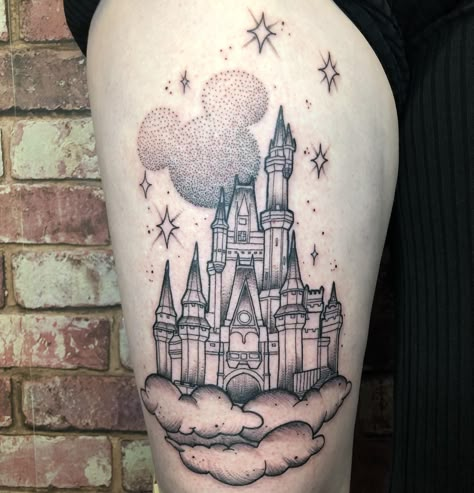 Disney Castle Tattoo Black And White, Walt Disney World Castle Tattoo, Halloween Disney Castle Tattoo, Disney Castle Tattoo Design, Disney Thigh Tattoo Ideas, Disney World Castle Tattoo, Cinderella Castle Tattoo, Disneyland Castle Tattoo, Disney World Tattoo