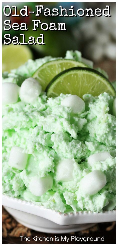 Old-Fashioned Sea Foam Salad ~ Serve this vintage lime fluff dish as a dessert salad, or as a sweet side. Either way, this old-fashioned Sea Foam Salad is one tasty Jello salad classic! Perfect for Thanksgiving or Easter dinner, or any everyday meal. #limefluff #seafoam #seafoamsalad #fluffsalad www.thekitchenismyplayground.com Green Marshmallow Salad, Mormon Jello Salad, Seafoam Jello Salad, Green Ambrosia Salad, Sea Foam Salad, Lime Salad Jello, Mountain Dew Salad, Jello Salad For Easter, Lime Fluff Jello Salad