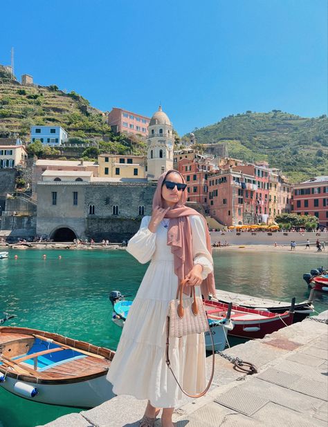 Dress from @shopbohme Girl, Hijab, Hijab Fashion, Italy, Italian, Italian Summer, Mediterranean, cinque terra, Luca, #italy #italian #italytrip #cinqueterre #lucas #luca #vernazza #girlboss #hijab #hijabfashion #hijabstyle #mediterranean #summer #summerstyle #dress #maxi #fashion #ootd #ootdfashion #ootdhijab #aesthetic #crochet Beach Maxi Dress Vacations Honeymoons, Holiday Outfit Hijab, Summer Vacation Outfits Hijab, Euro Summer Outfits Modest, Italy Modest Outfits, Lake Como Outfit Aesthetic, Turkey Hijab Outfit, Italy Outfits Hijab, Italy Hijabi Outfits