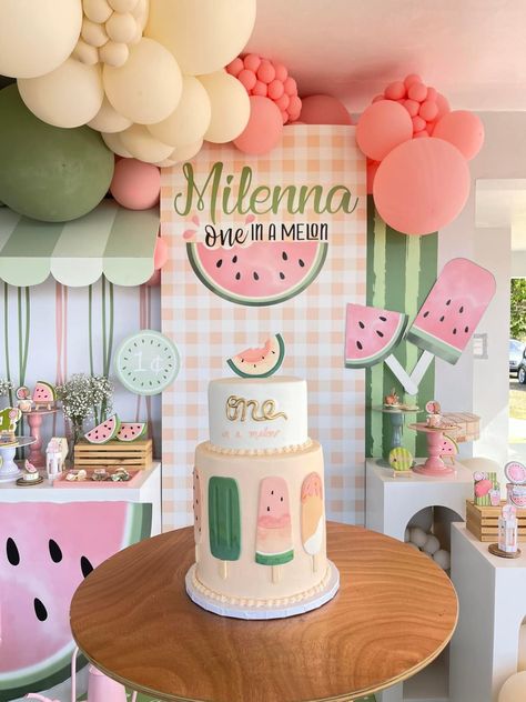 Melon First Birthday, Melon Themed Birthday Party, First Birthday Theme Summer, Summer Baby Birthday Ideas, First Birthday Themes Girl Summer, 1st Birthday Watermelon Theme, Summer Birthday Themes Girl, First Birthday Party Themes Summer, Watermelon Birthday Theme