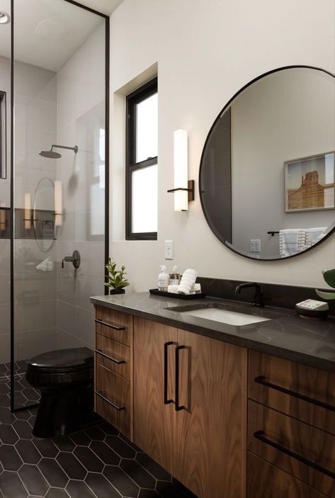 Masculine Small Bathroom, Guys Bathroom Ideas, Tan Tile Bathroom Ideas, Teen Boy Bathroom Ideas, Mens Bathroom Ideas, Modern Masculine Bathroom, Masculine Bathroom Ideas, Black Tile Bathrooms