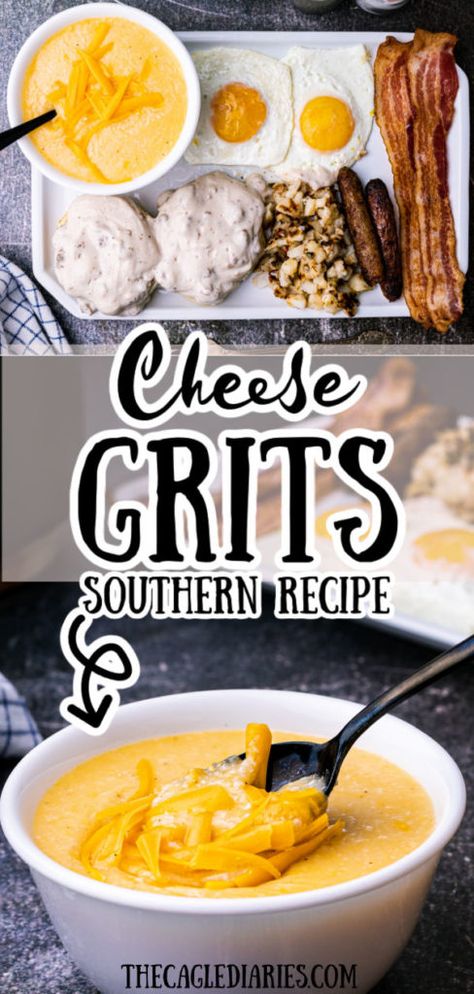 Cheese Grits – deliciously creamy, rich, and cheesy Southern breakfast meal or side dish featuring butter, cheddar cheese, and black pepper. The best ever cheesy grits recipe you’ll ever eat. Silky smooth grits that literally melt in your mouth! Southern Cheese Grits, Grit Cakes Recipe, Cheesy Grits Recipe, Cheese Grits Recipe, Grits Breakfast, Breakfast Recipes Easy Quick, Classic Southern Recipes, Creamy Grits, Southern Breakfast