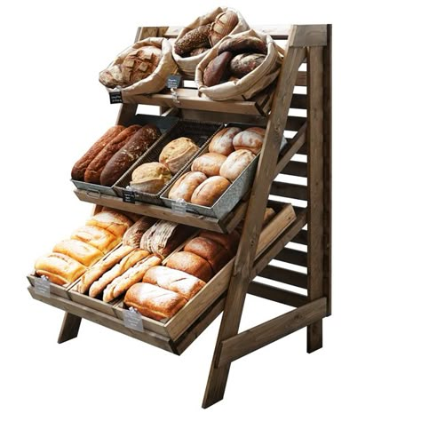 Diy Bread Display Rack, Bread Vendor Display, Bread Display Ideas, Bread Booth Farmers' Market, Bread Display Ideas Farmers' Market, Bakery Displays, Wooden Bakery Display Case, Bakery Stand, Rustic Bakery