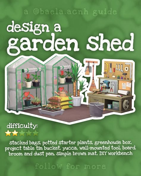 📌 SAVE this guide and steal my concept for an adorable garden shed! easily adaptable for indoors or out 🪴 don't miss out! follow… | Instagram Audie Acnh Yard, Acnh Yard Sale, Animal Crossing Villager Yard Ideas, Animal Crossing Diy Station, Acnh Community Garden Sign, Baela.acnh Guide, Acnh Flower Combinations, Animal Crossing Greenhouse, Acnh Greenhouse Ideas