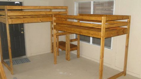 Twin Loft Beds with Shared Platform by RLBWoodworks on Etsy Double Kids Room, Kids Room Shared, Corner Loft Beds, Bunk Beds For Girls Room, Double Loft Beds, Corner Loft, Bunk Bed Ideas, Kids Rooms Shared, Bunk Bed Plans