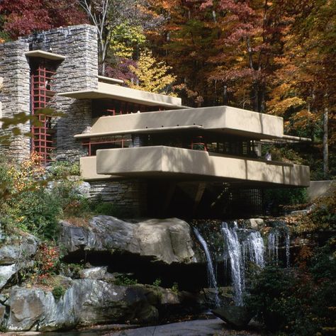 Exterior of Fallingwater by Frank Lloyd Wright Falling Water Frank Lloyd Wright, Falling Water House, Robie House, Falling Water, Walter Gropius, Mountain Getaway, Renzo Piano, Mid Century Architecture, Iconic Buildings